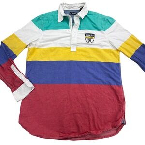 Chaps Rugby Shirt Mens L Multicolor Long Sleeve Button Stripe Colorblock Logo